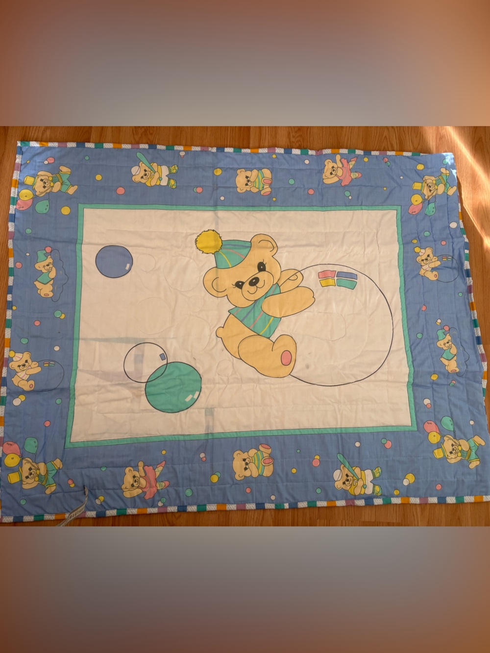 Playful Teddy Bear Baby Quilt - Blue/Cream